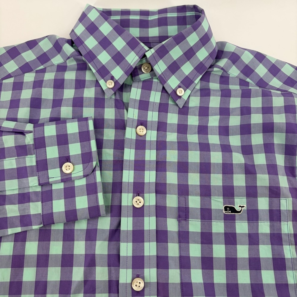 Vineyard Vines Slim Fit Tucker Shirt Mens XS Purple Mint Green Gingham Cotton